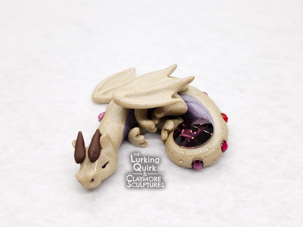 Small Glittery Beige Sleeping Dragon with Deep Purple Crystal