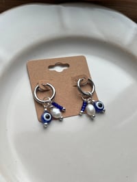 Image 3 of Beaded Stainless Steel Plated Evil Eye Huggies