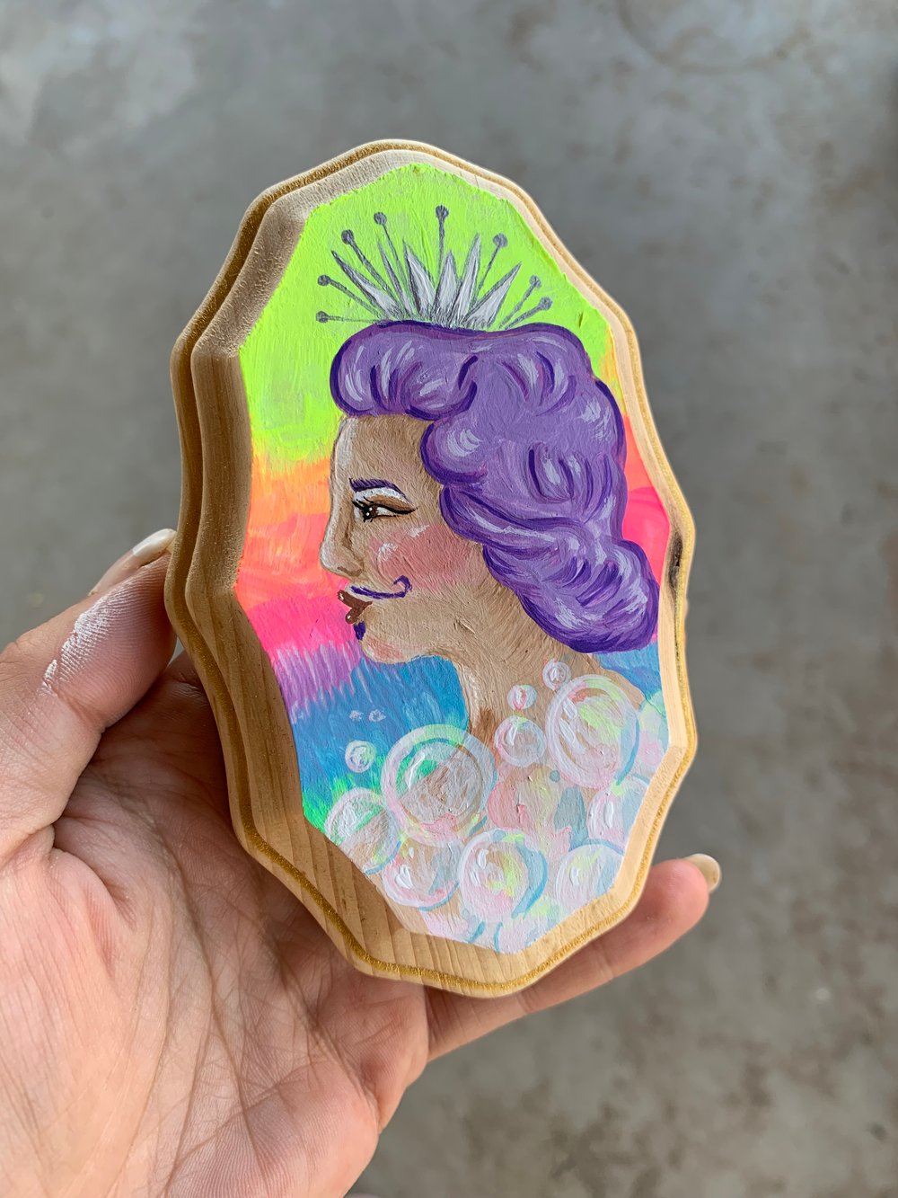 Bubble Queen gouache and acrylic painting on wood