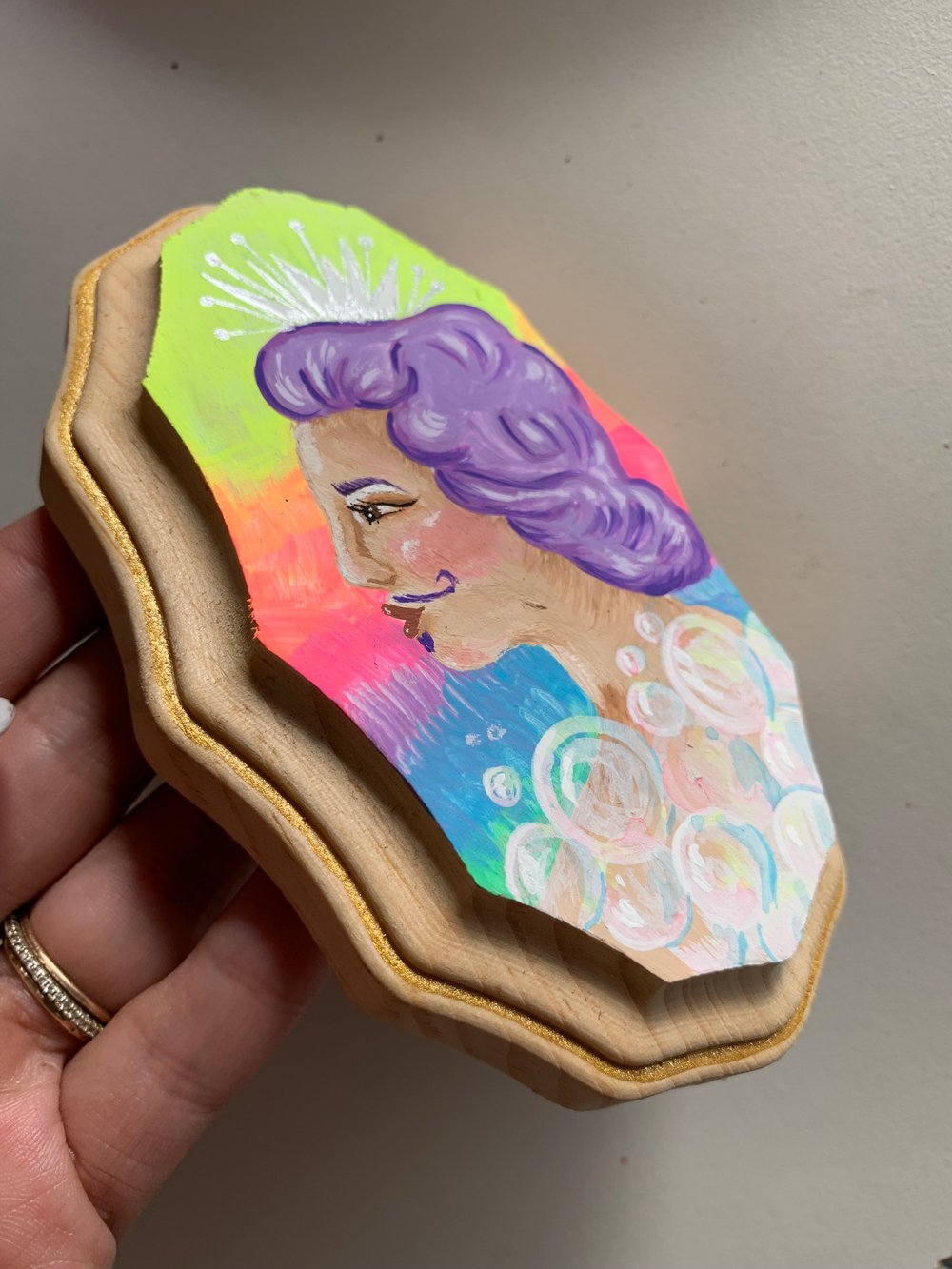 Bubble Queen gouache and acrylic painting on wood