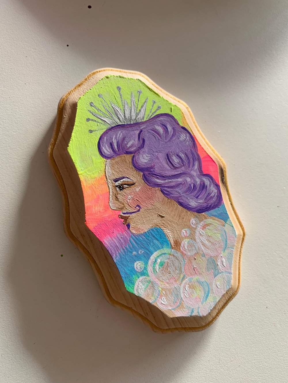 Bubble Queen gouache and acrylic painting on wood