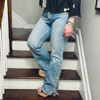 Image 5 of Women's Calvin Klein Vintage flare bottom jeans criss cross suede ties on sides knee to hem