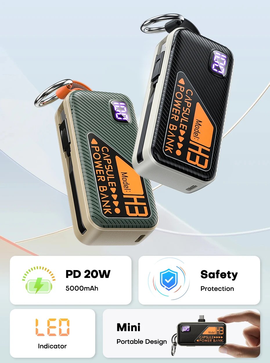 MSL 5000mAh Mini Power Bank - Built-in Cable, 20W Fast Charging, Ultra-Compact Charger