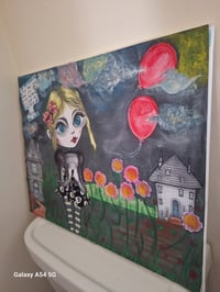 Image 2 of Chasing Balloons motivational art doll mixed media ooak canvas. Gothic, haunted art doll handmade.