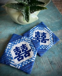 Image 2 of Pair of Hand-printed Double Happiness Fabric Coasters 