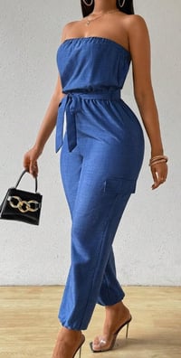 Image 3 of Women's Summer Casual Denim-Look Strapless Jumpsuit With Utility Design