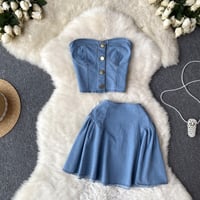 Image 7 of Denim Tube Top Top Two-piece Set High Waist A- Line Skirt