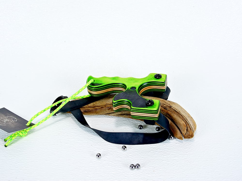 Image of Handmade Wooden Slingshot, Green Hornet Spectraply, The Mance, Wood Catapult, Right hand pull