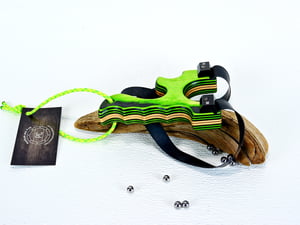 Image of Handmade Wooden Slingshot, Green Hornet Spectraply, The Mance, Wood Catapult, Right hand pull