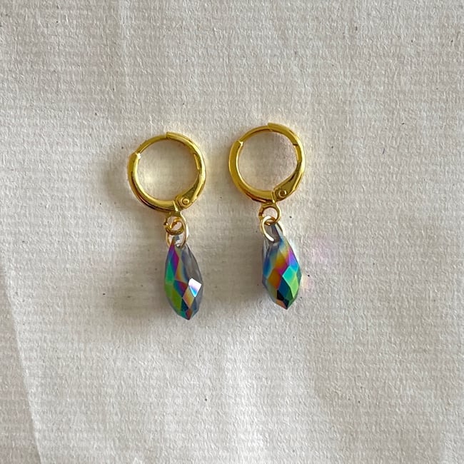 green cut holo gem huggie hoop earrings