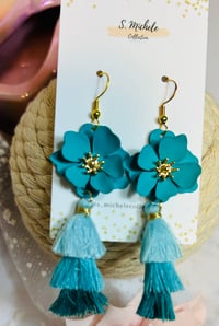 Image 1 of Turquoise Flower Tassel Earrings 