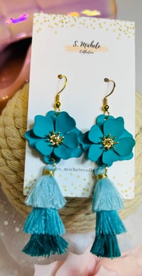 Image 3 of Turquoise Flower Tassel Earrings 