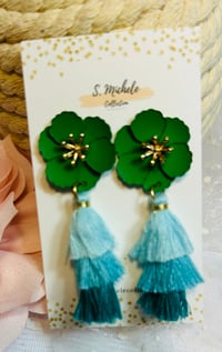 Image 1 of Emerald Flower Tassel Earrings 