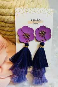 Image 1 of Flower Tiered Tassel Earrings (Purple)