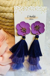 Image 3 of Flower Tiered Tassel Earrings (Purple)