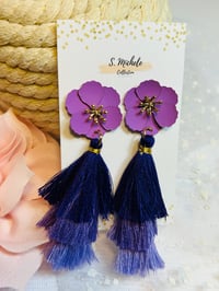 Image 2 of Flower Tiered Tassel Earrings (Purple)