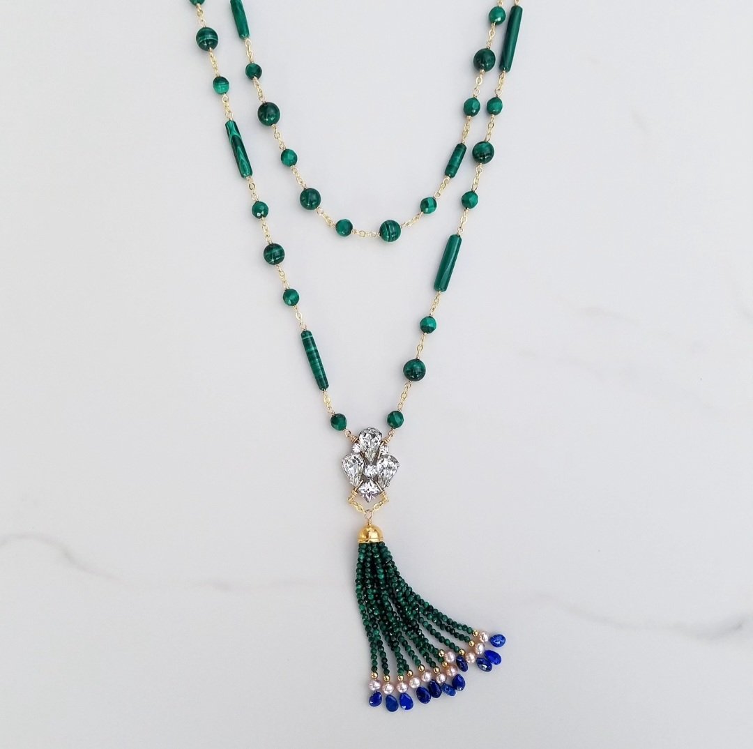 Vintage Rhinestone Malachite Tassel Necklace 