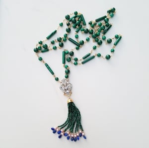 Vintage Rhinestone Malachite Tassel Necklace 