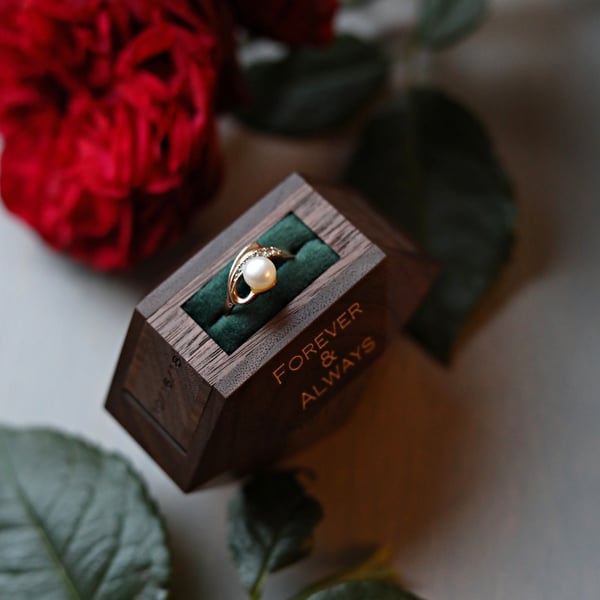 Image of Woodstorming wooden rotating ring box - small ring display box with royal green pillow 