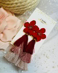 Image 1 of Red Flower Tassel Earrings
