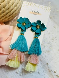 Image 3 of Turquoise Flower w/ Tiered Tassel Earrings