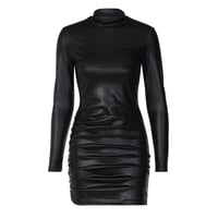 Image 2 of Leather Pleated Slim Fit Round Neck Long Sleeves Dress