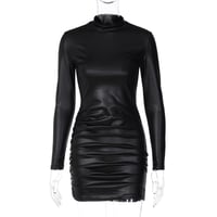 Image 5 of Leather Pleated Slim Fit Round Neck Long Sleeves Dress