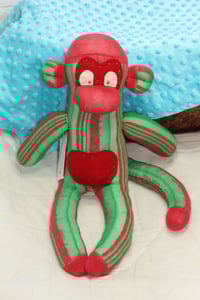 Image 1 of Plush Green and Red Sock Monkey - OOAK