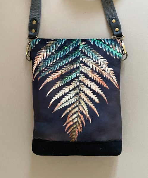 Image of Fern frond, tall velvet shoulder bag with canvas crossbody strap