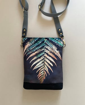 Image of Fern frond, tall velvet shoulder bag with canvas crossbody strap