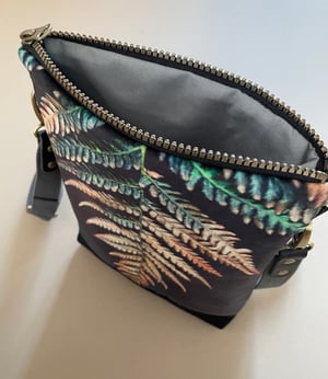 Image of Fern frond, tall velvet shoulder bag with canvas crossbody strap