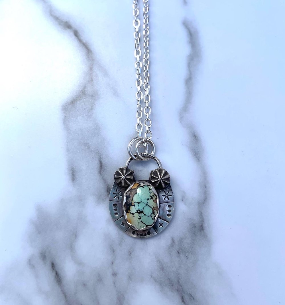 Handmade Sterling Silver Giraffe Turquoise Lucky Horseshoe Pendant 925