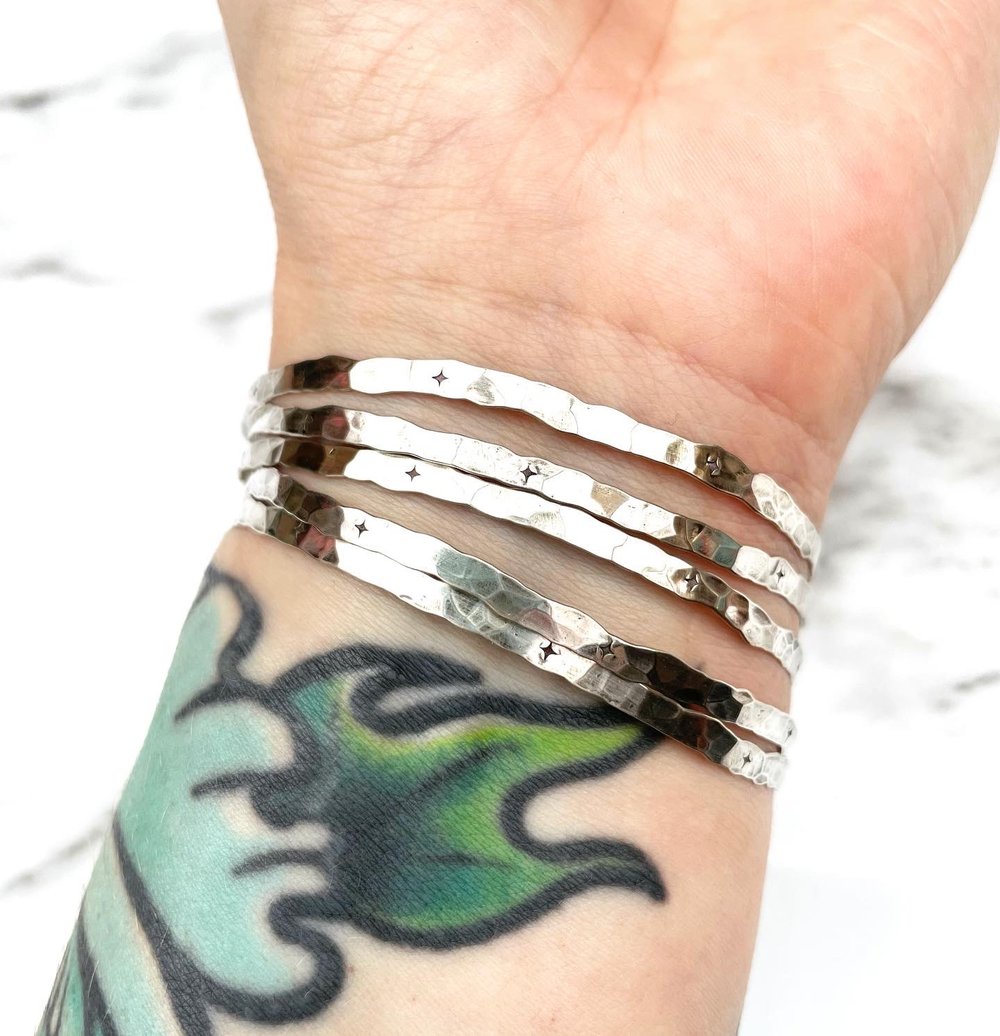 Sterling Silver Handmade Hammered Stacking Star Bangles Five 925