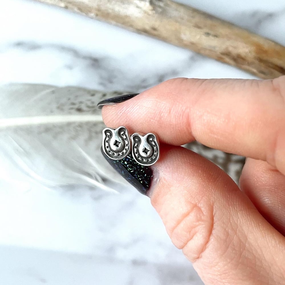Image of Handmade Sterling Silver Lucky Horseshoe Star Stud Earrings 925