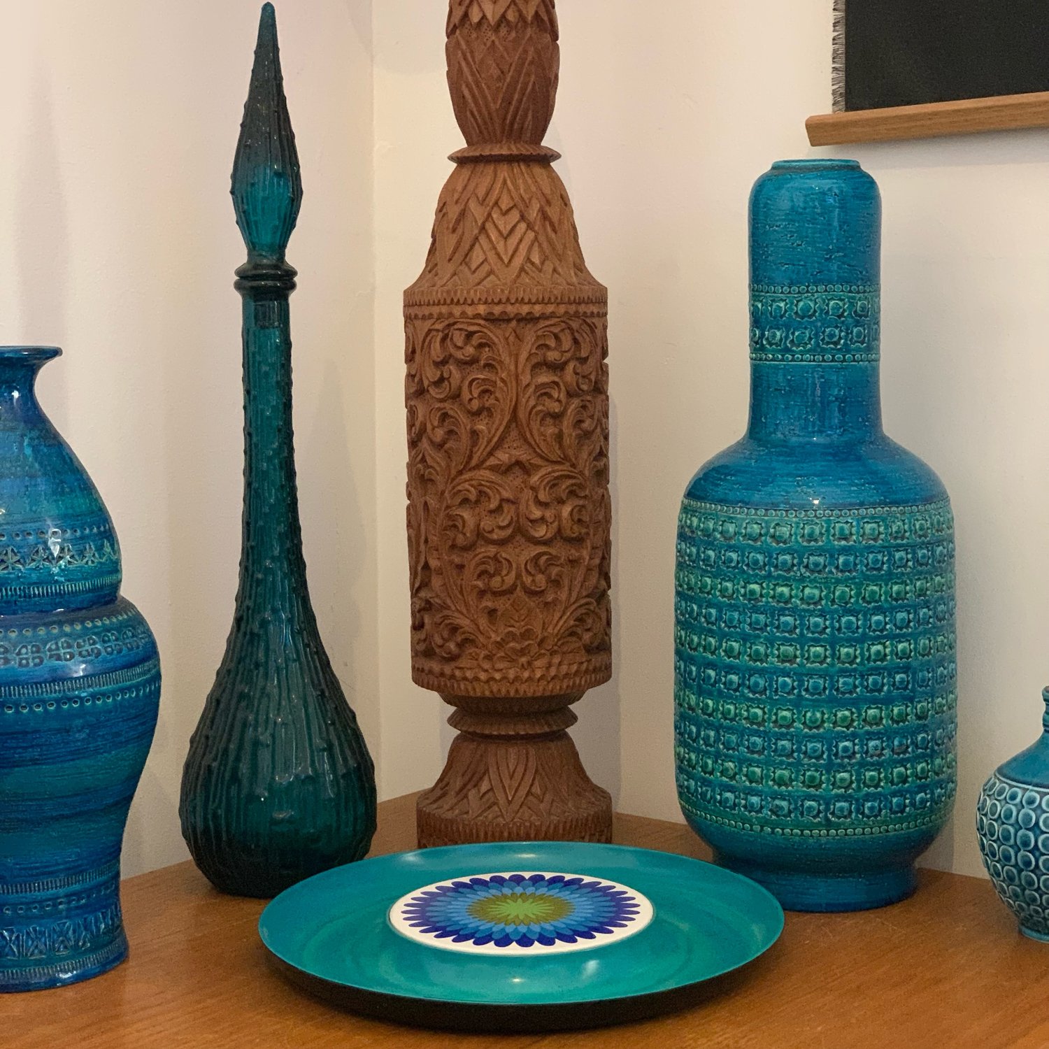 Image of Huge Mid Century Tiki style carved solid teak lamp w/ custom Vintage Groove shade