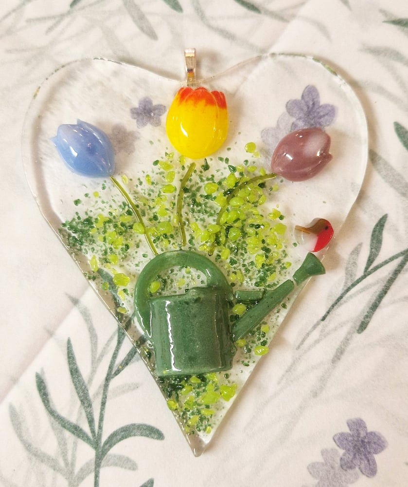 Image of Fused Glass Watering Can Heart