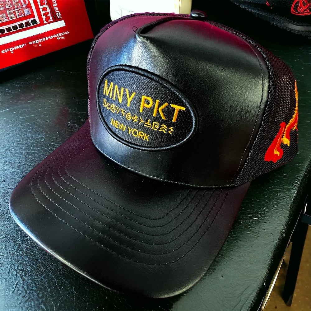MNY PKT LEATHER  TRUCKER HAT// ORANGE FLAME