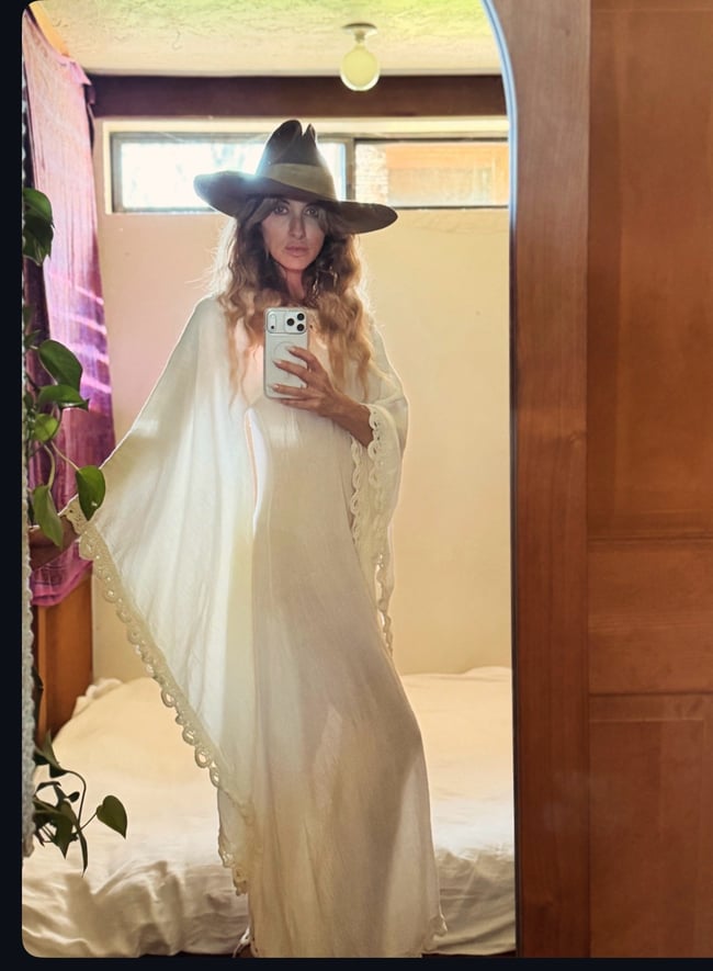 late 60s white gauze maxi dress with massive angel sleeves and crochet 