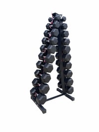 Image 3 of New pair of 5,10,15,20,25,30,35,40,45,50lb rubber dumbbells with A rack