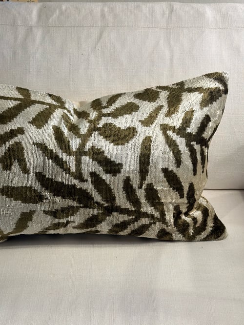 Image of Ikat Velvet Cushion with Olive-Brown Leaves