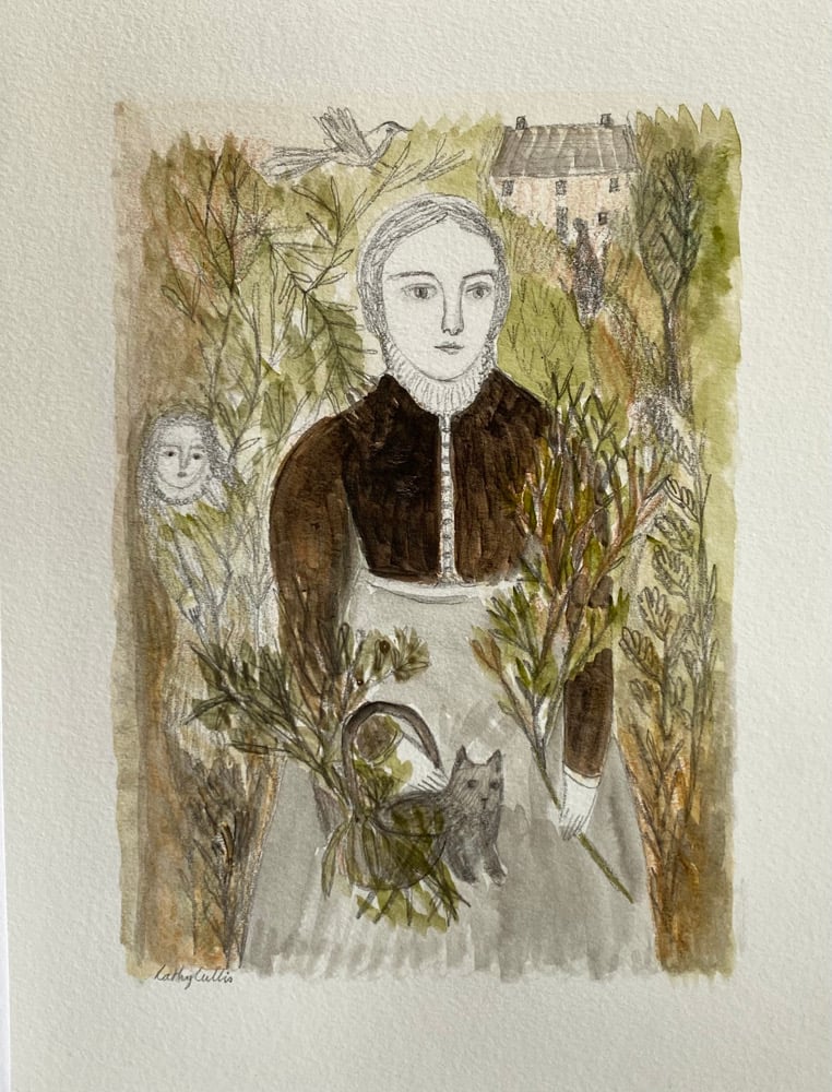 Image of summer walk with kitten - original mixed media artwork
