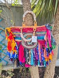 Image 1 of Frill sari tote beach bag bamboo Handles no two the same