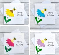 Image 1 of Handmade Bright Flower and Bee Birthday Card - Cheerful Nature Inspired card in various colours 