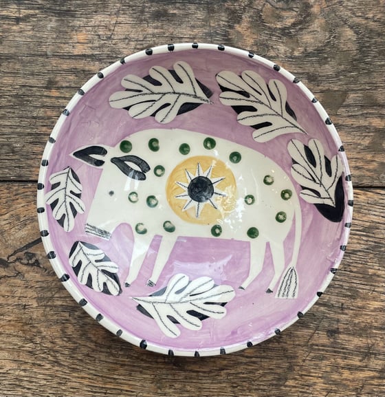 Image of Small lilac hand built and painted boar bowl