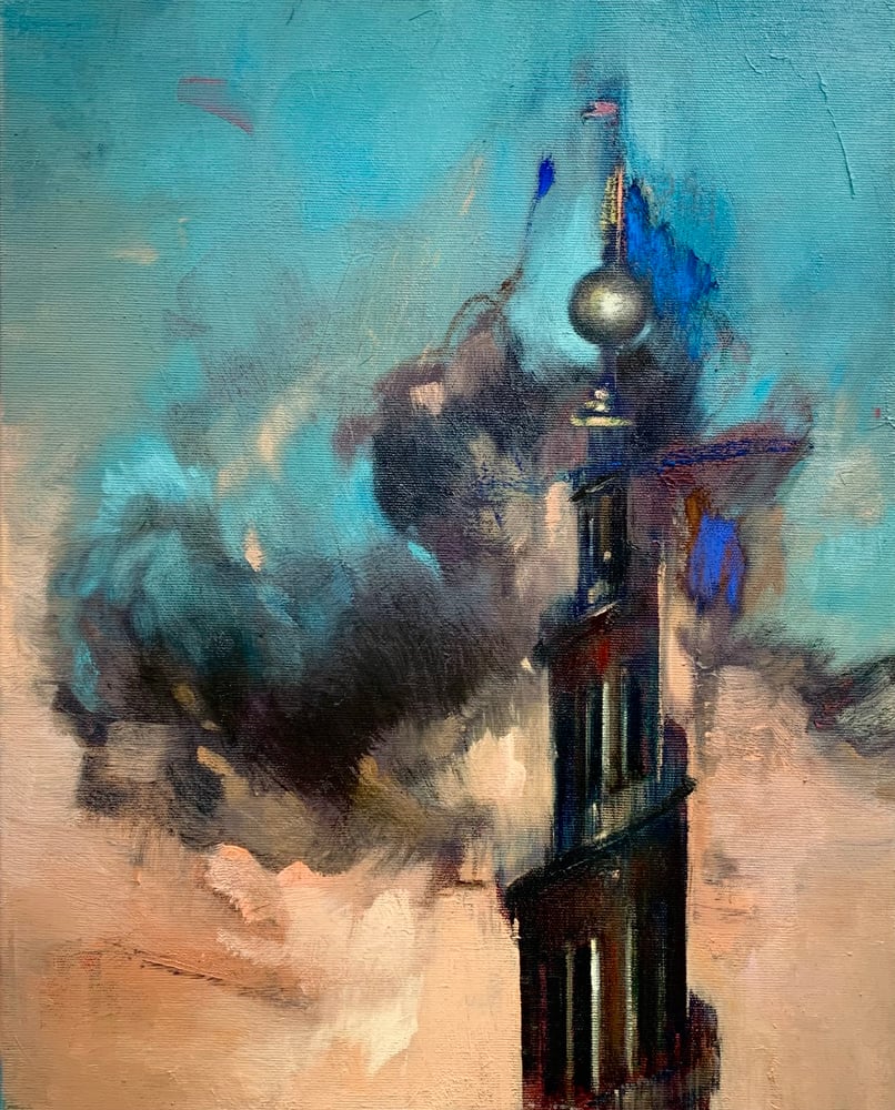 Image of Painting / maleri / "Malerdrømne og tankestreger – Tårnet" / 40x50 cm