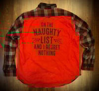 Upcycled “Naughty List” t-shirt flannel
