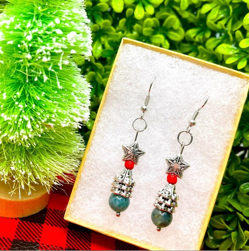 Image of Beaded Moss Agate Crystal Christmas Tree Earrings