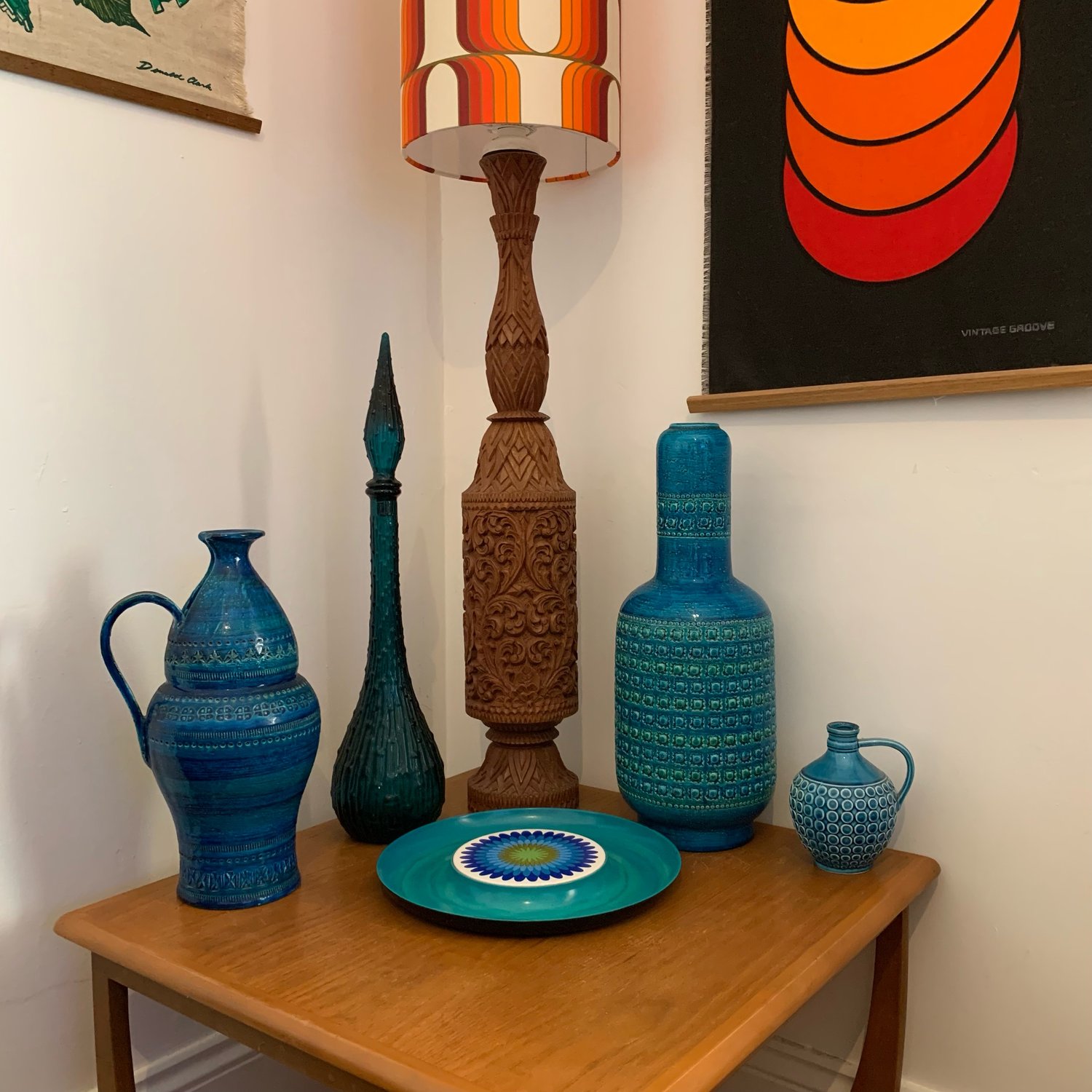 Image of Huge Mid Century Tiki style carved solid teak lamp w/ custom Vintage Groove shade
