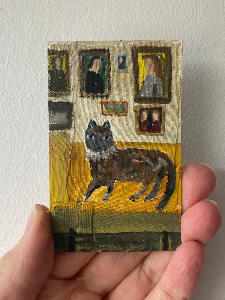 Image of Cat on a yellow day bed - tiny painting