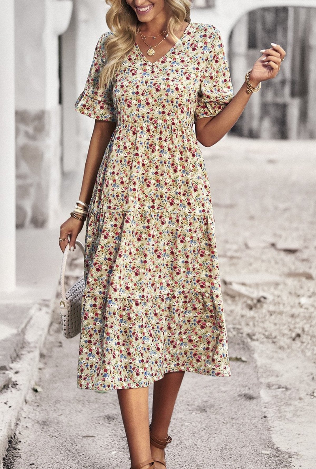 Image of Floral Print Fit Ruffle Sleeve Midi Dress